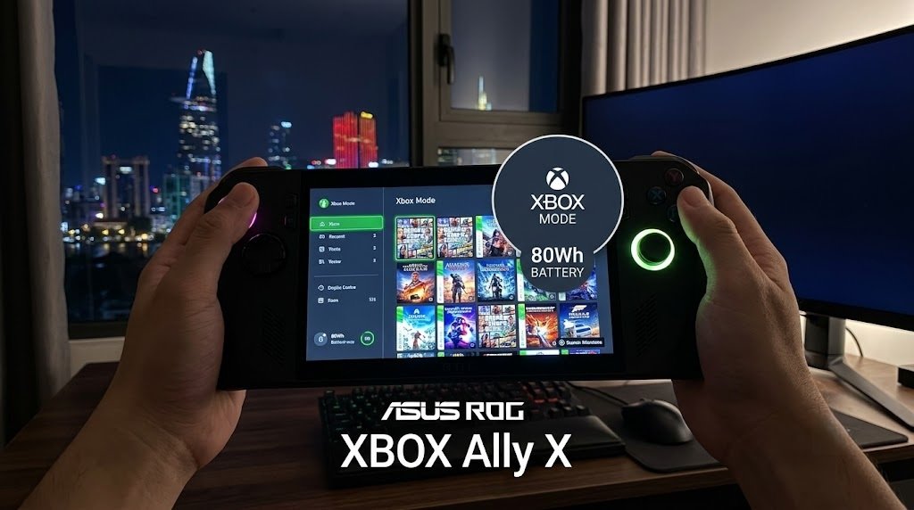 ASUS ROG Xbox Ally X handheld gaming PC running Cyberpunk 2077