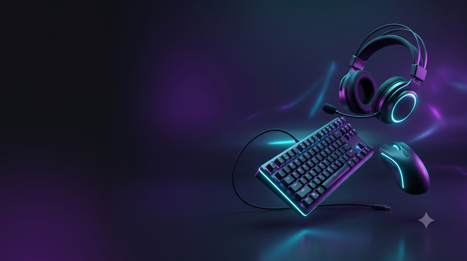 Gaming keyboard, mouse and headset floating against a dark purple and cyan neon background