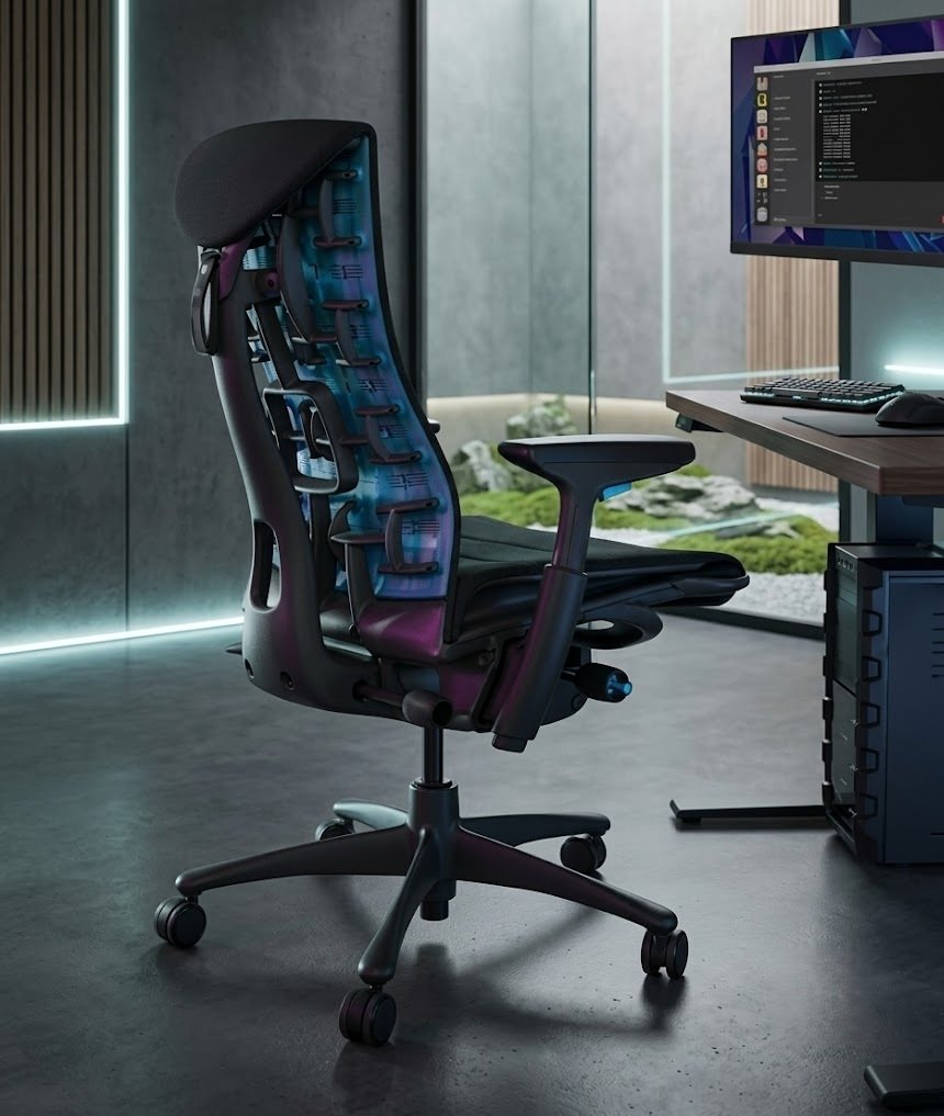 Herman Miller x Logitech G Embody back view showing cyan accents