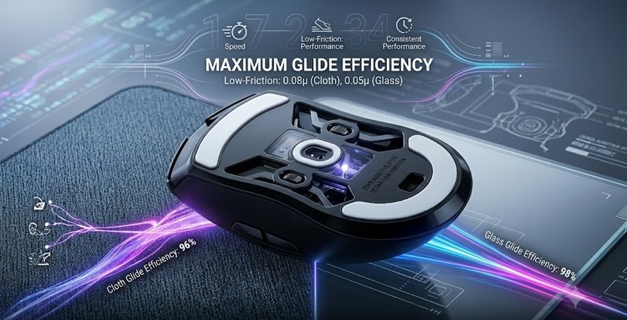 The zero-additive PTFE feet ensure maximum glide efficiency across cloth and glass mousepads.