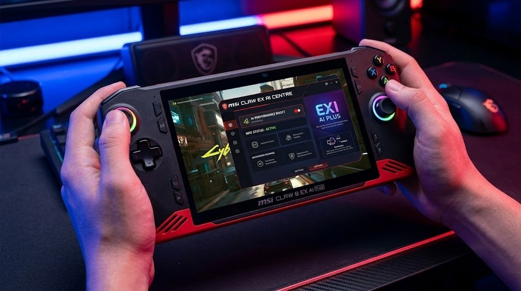 MSI Claw 8 EX AI Plus handheld PC displaying high performance gameplay