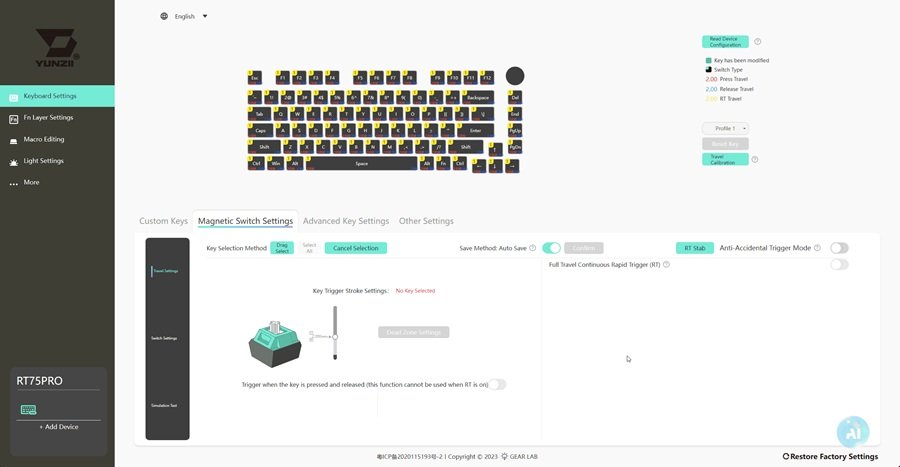 YUNZII web driver software interface for RT75 PRO customization