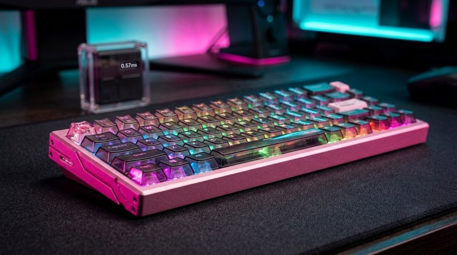 ATK RS6 Ultra pink aluminum magnetic keyboard with transparent RGB keycaps on a desk mat in a neon-lit gaming setup