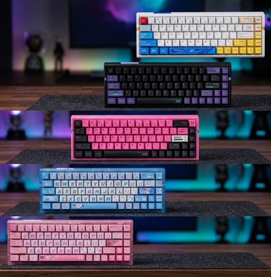 Five ATK RS6 Ultra keyboards stacked in white, black and purple, pink, blue, and light pink colorways