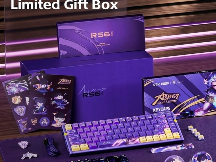 ATK RS6 Ultra ASPAS Edition limited gift box with purple keyboard, keycap sets, stickers, and wrist rest