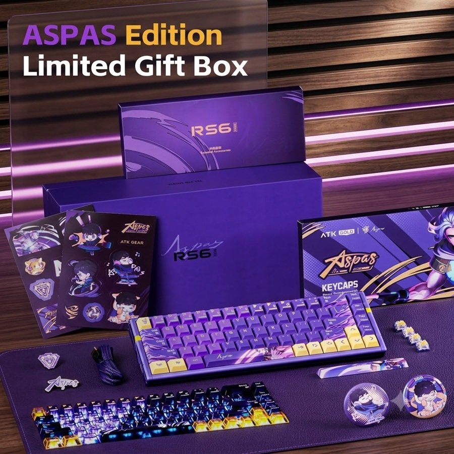 ATK RS6 Ultra ASPAS Edition limited gift box with purple keyboard, keycap sets, stickers, and wrist rest