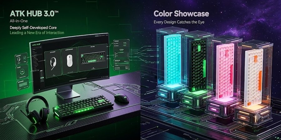 ATK HUB 3.0 software banner next to a color showcase of four glowing translucent ATK keyboard modules