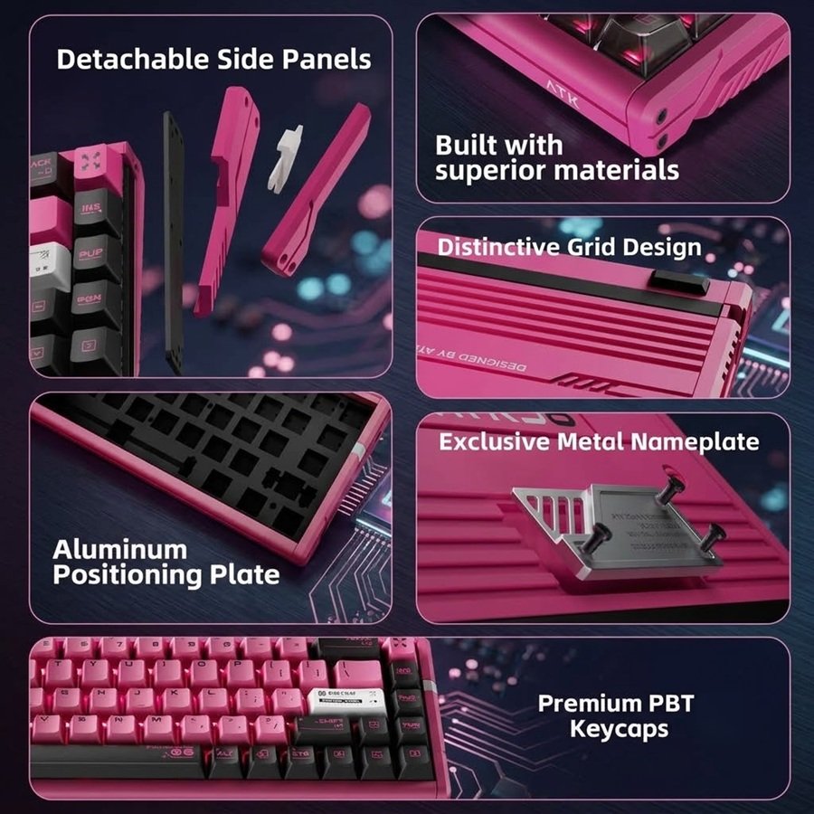 ATK RS6 Ultra pink magnetic keyboard feature overview showing detachable side panels, aluminum positioning plate, metal nameplate, and PBT keycaps