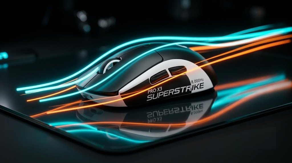 Close-up angled shot of the black Logitech PRO X3 SUPERSTRIKE mouse with 8,000Hz polling rate branding and dynamic light trail effect