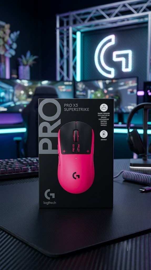 Logitech PRO X3 SUPERSTRIKE retail packaging box displayed in front of a lit Logitech G logo esports setup