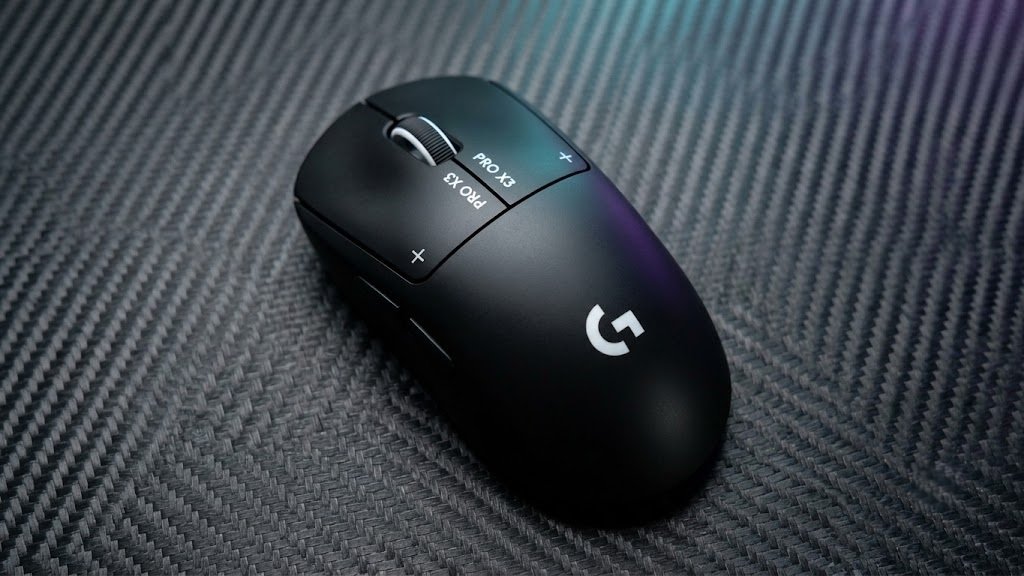 Top-down angled view of the Logitech PRO X3 SUPERSTRIKE's matte black shell, scroll wheel, and Logitech G logo