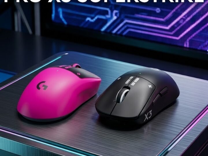Logitech PRO X3 SUPERSTRIKE wireless gaming mouse in pink and black colorways side by side on a gaming mousepad