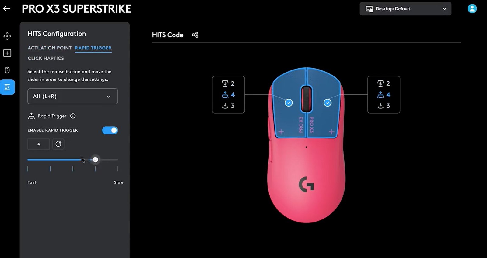 Logitech G HUB software screenshot showing HITS Rapid Trigger configuration for the PRO X3 SUPERSTRIKE