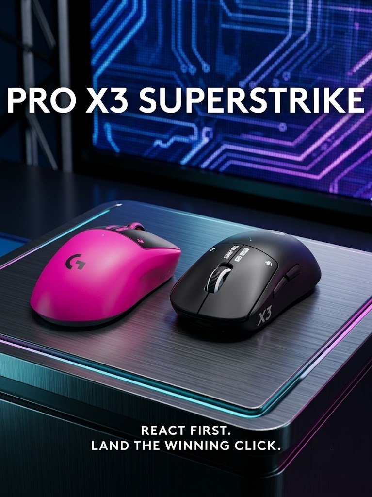 Logitech PRO X3 SUPERSTRIKE wireless gaming mouse in pink and black colorways side by side on a gaming mousepad