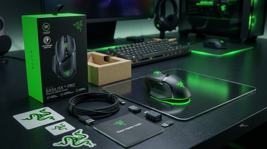Razer Basilisk V4 Pro retail box, braided cable and accessories laid out beside the mouse on a gaming desk