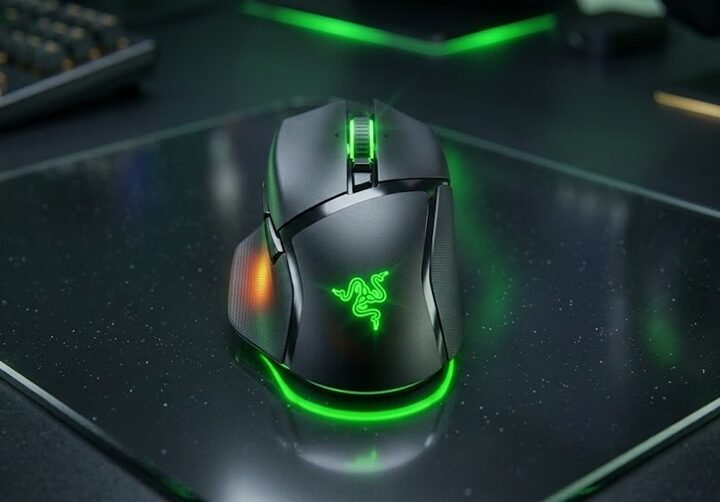 Razer Basilisk V4 Pro ergonomic gaming mouse with green underglow on a glass mouse pad