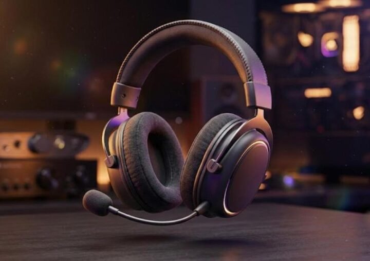 Premium planar-style wireless gaming headset with oversized earcups on a dark desk with warm amber lighting