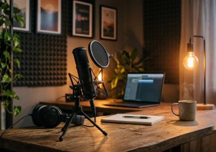 Black side-address studio condenser microphone on a tripod desk stand with a pop filter in a warm home podcast corner
