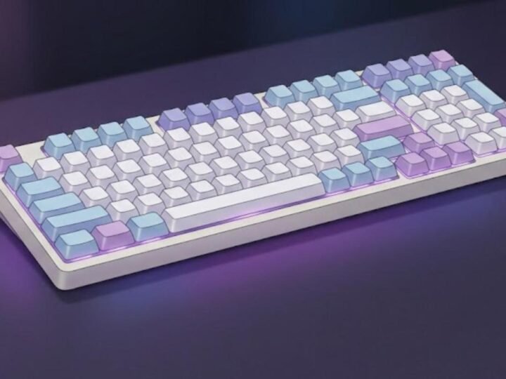 Illustration of a pastel blue, white and purple AULA F99 style 96% wireless mechanical keyboard with a numpad and purple RGB glow on a dark desk