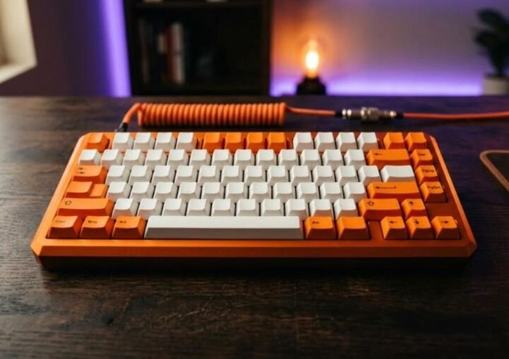 Wobkey Rainy 75 Pro style orange anodized aluminum 75 percent keyboard with white and orange keycaps on a dark desk