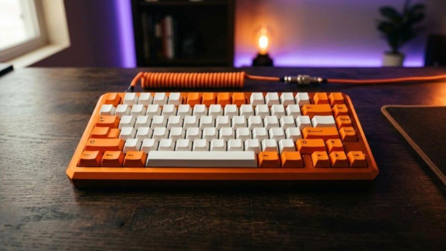 Wobkey Rainy 75 Pro style orange anodized aluminum 75 percent keyboard with white and orange keycaps on a dark desk