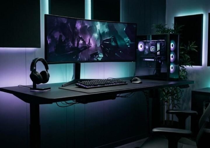 Black electric standing desk raised to standing height with a curved ultrawide monitor, keyboard, mouse and headset stand under purple and teal lighting