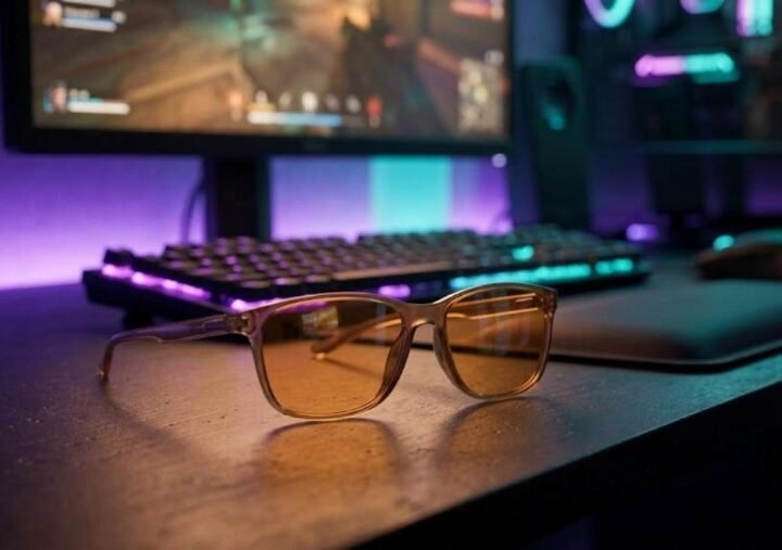 Amber-tinted gaming glasses resting on a dark desk in front of a glowing monitor and backlit keyboard