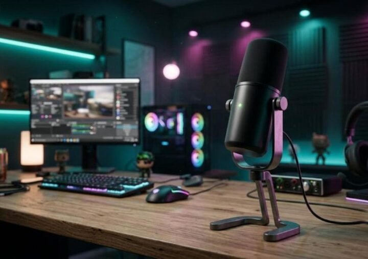 Black USB condenser microphone with a green indicator on a steel yoke stand in a teal and magenta lit streaming room