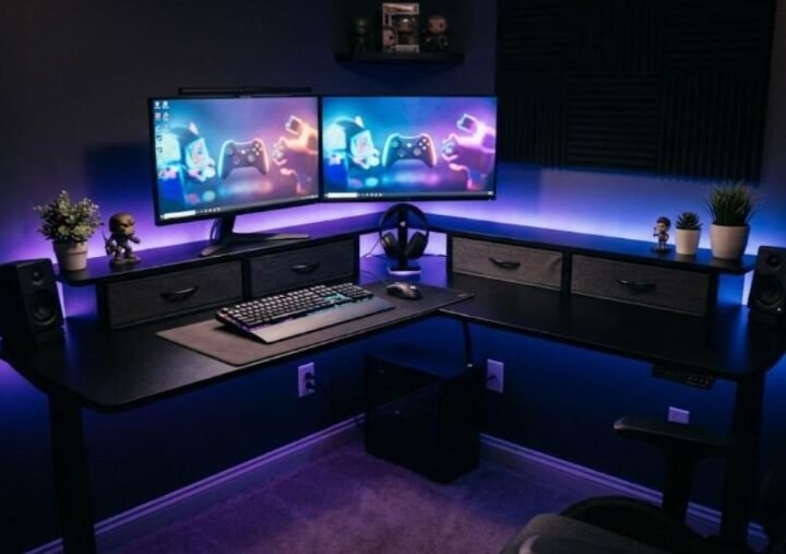 FlexiSpot L-shaped standing desk with rear shelf, two monitors and four fabric drawers in a purple-lit gaming corner