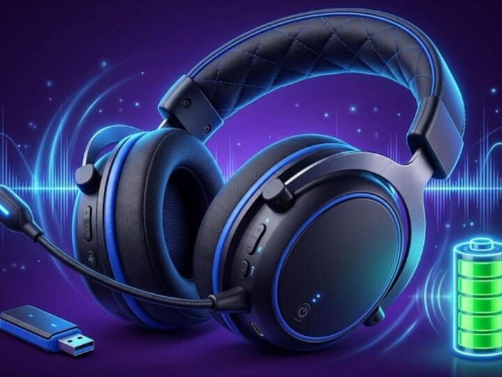 Illustration of a black and blue wireless gaming headset like the HyperX Cloud III S Wireless with a USB dongle and a full battery icon