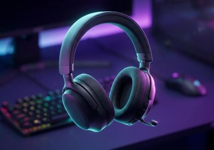 Razer BlackShark V3 Pro style wireless gaming headset floating above a purple neon gaming desk