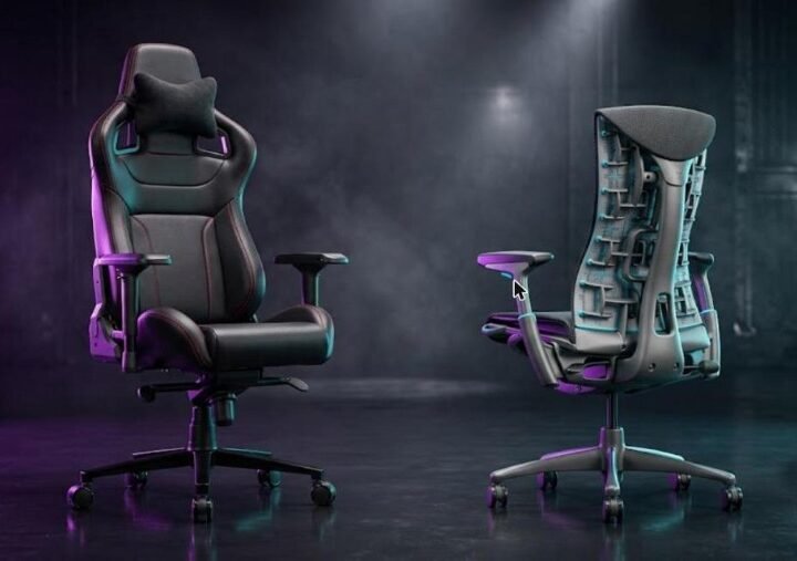 Secretlab Titan Evo vs Embody: a black racing-style gaming chair beside a slim ergonomic chair with a pixel-pattern backrest