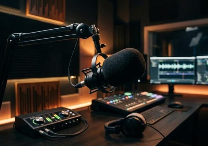Large black dynamic broadcast microphone with a foam windscreen on a boom arm beside an audio interface in a dim radio studio