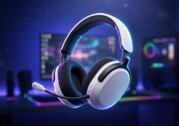 Lightweight white and black wireless gaming headset in the style of the Sony INZONE H9 II on a neon desk