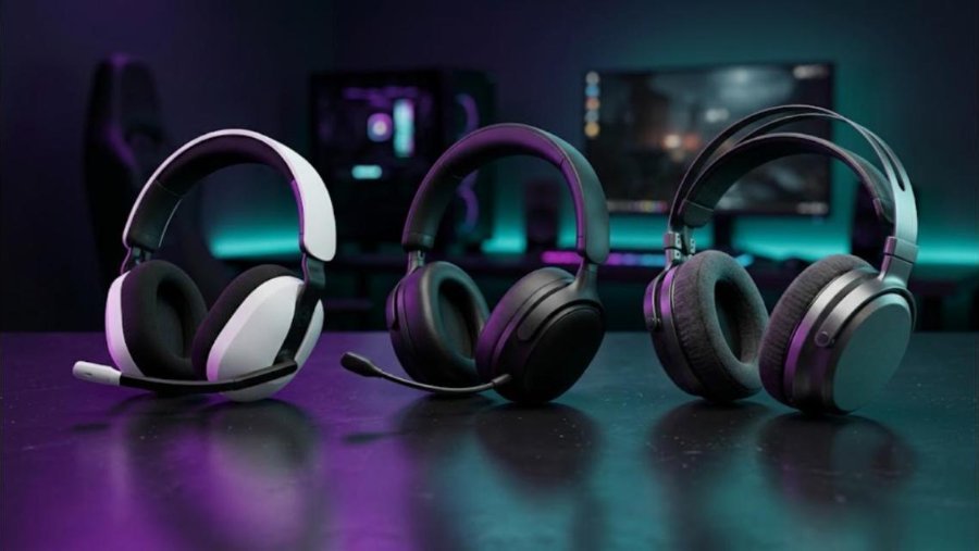 Three premium wireless gaming headsets side by side on a dark desk with purple and teal lighting