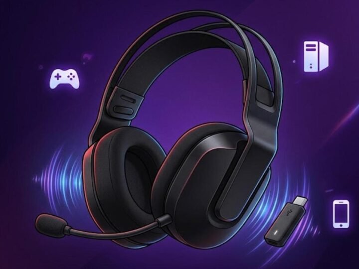 Illustration of a black wireless gaming headset like the SteelSeries Arctis Nova 5X with a USB-C dongle and console, PC and phone icons
